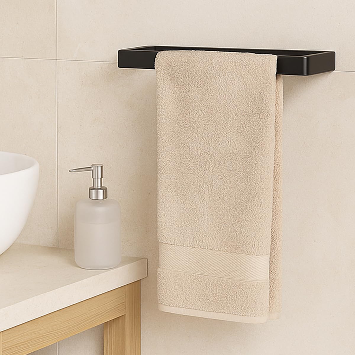 Wall Mounted Rectangle Towel Rail Black Stainless Steel Bathroom, Kitchen & Toilet Towel Holder, Horizontal or Vertical Fitting with Adhesive or Drill Mount (20CM)