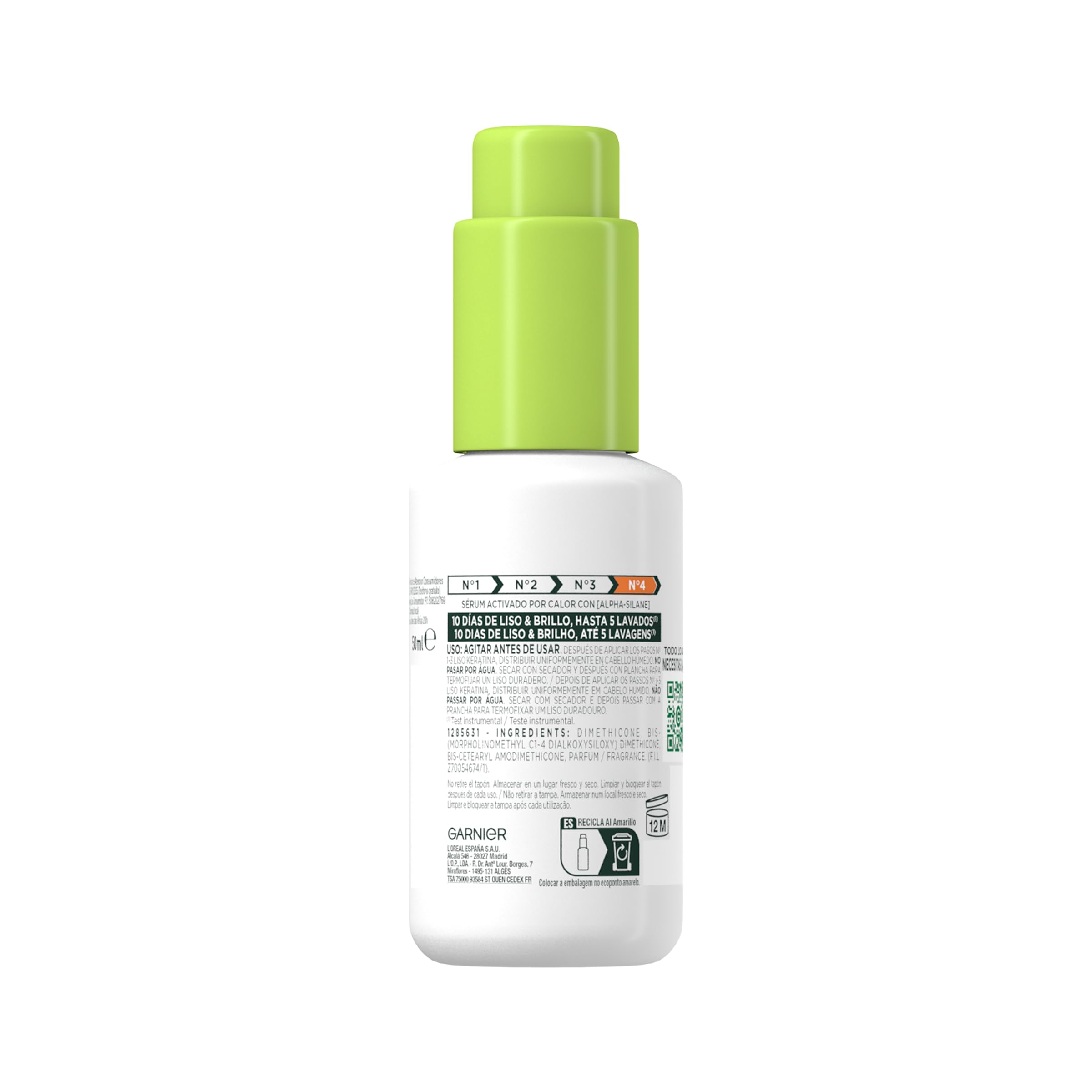 Garnier Fructis Rutina Liso Keratina para cabello encrespado: Champú + Acondicionador + Mascarilla + Sérum activado por calor Liso & Listo