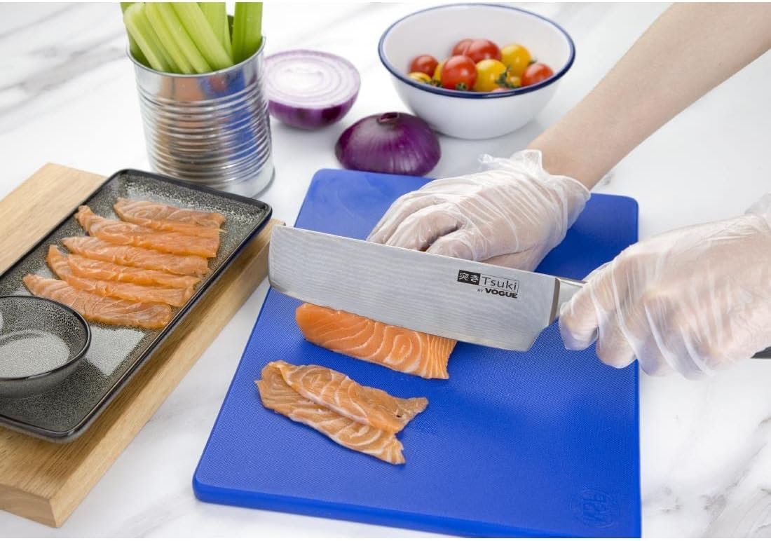 Tsuki Japanese Cleaver 6.5" (180mm). Stainless steel core with Damask steel cover.