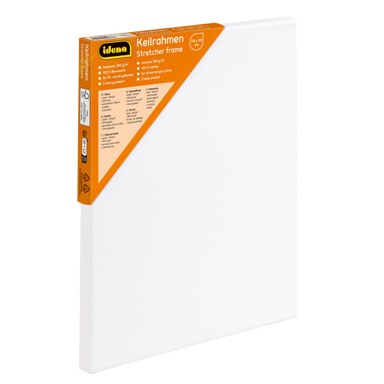 Idena 60007 Stretcher Frame with Canvas 100% Cotton 380 g/m² for Oil and Acrylic Paints Approx. 24 x 30 cm Large White