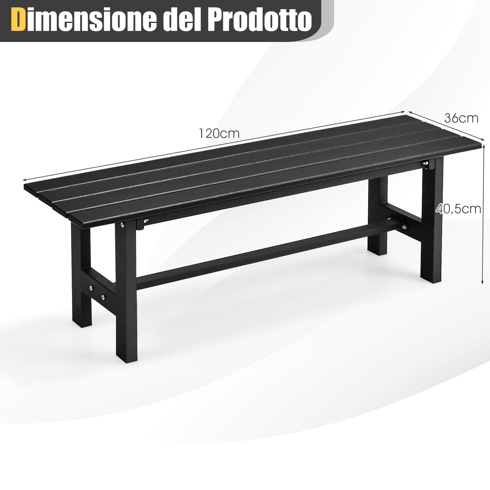 COSTWAY Panchina da Esterno con Sedile HDPE, Panca da Giardino con Telaio in Metallo Verniciato a Polvere, Panchina da Giardino, Parco e Balcone, Portata 300 kg, 120 x 36 x 40,5 cm (Black)