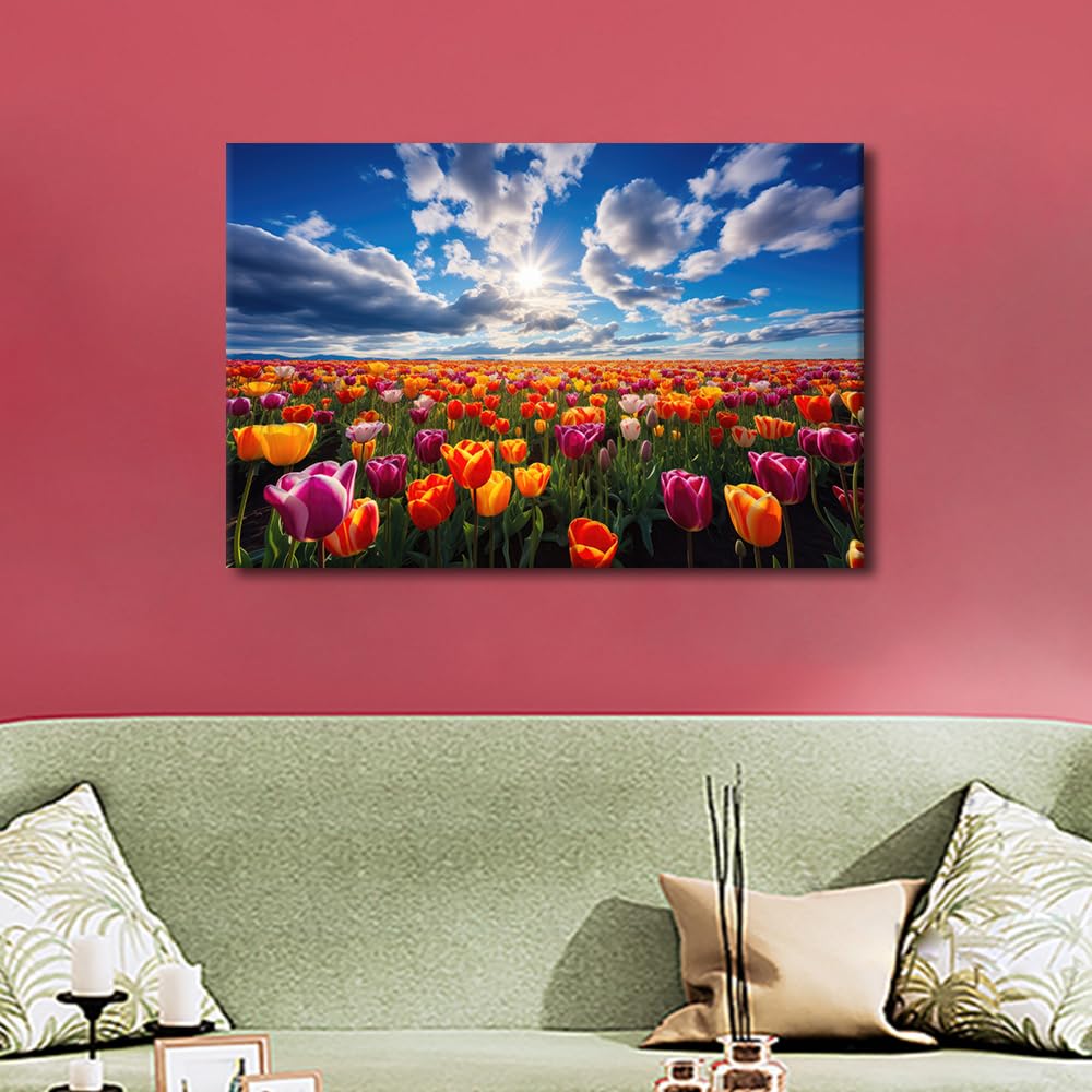 TISHIRON 1 Piece Rainbow Home Office Room Decorations for Living Room Tulips Wall Pictures Flowers Canvas Prints Wall Art Wall Decor Canvas Framed Artwork Wall Hanging - Image 4