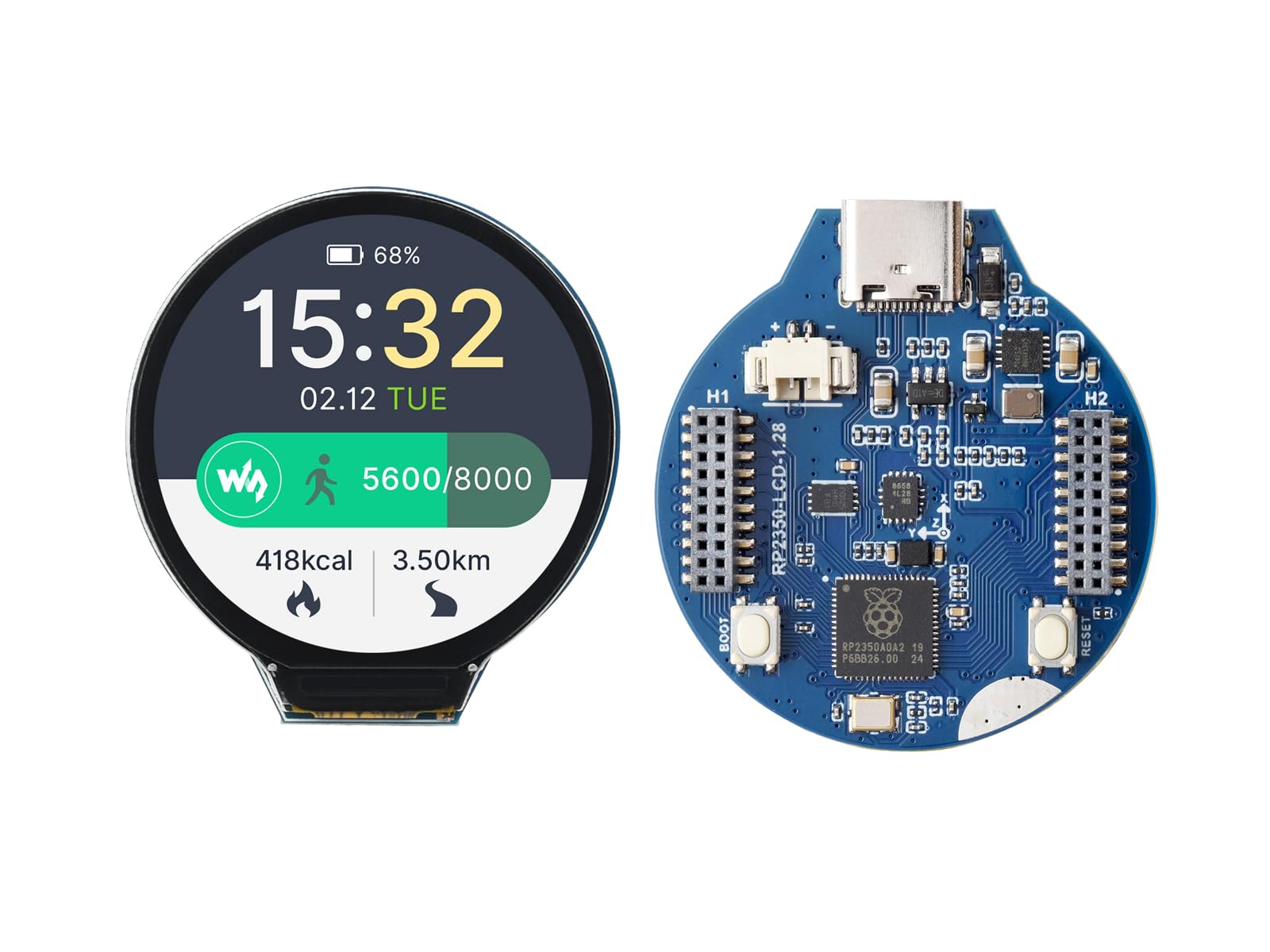 waveshare RP2350 MCU Board Based on Raspberry Pi RP2350 Microcontroller Chip, Onboard 1.28inch LCD 240×240 Pixels 65K Colorful IPS Display, Dual-core