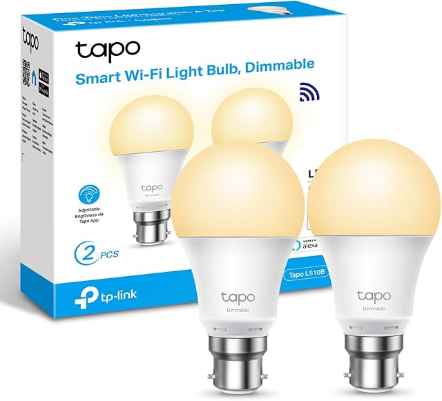 TP-Link Tapo Smart Bulb, Smart Wi-Fi LED Light, B22, 8.7W, Energy saving, Works with Amazon Alexa and Google Home, Dimmable Soft Warm White, No Hub Required - Tapo L510B(2-pack)[Energy Class F]