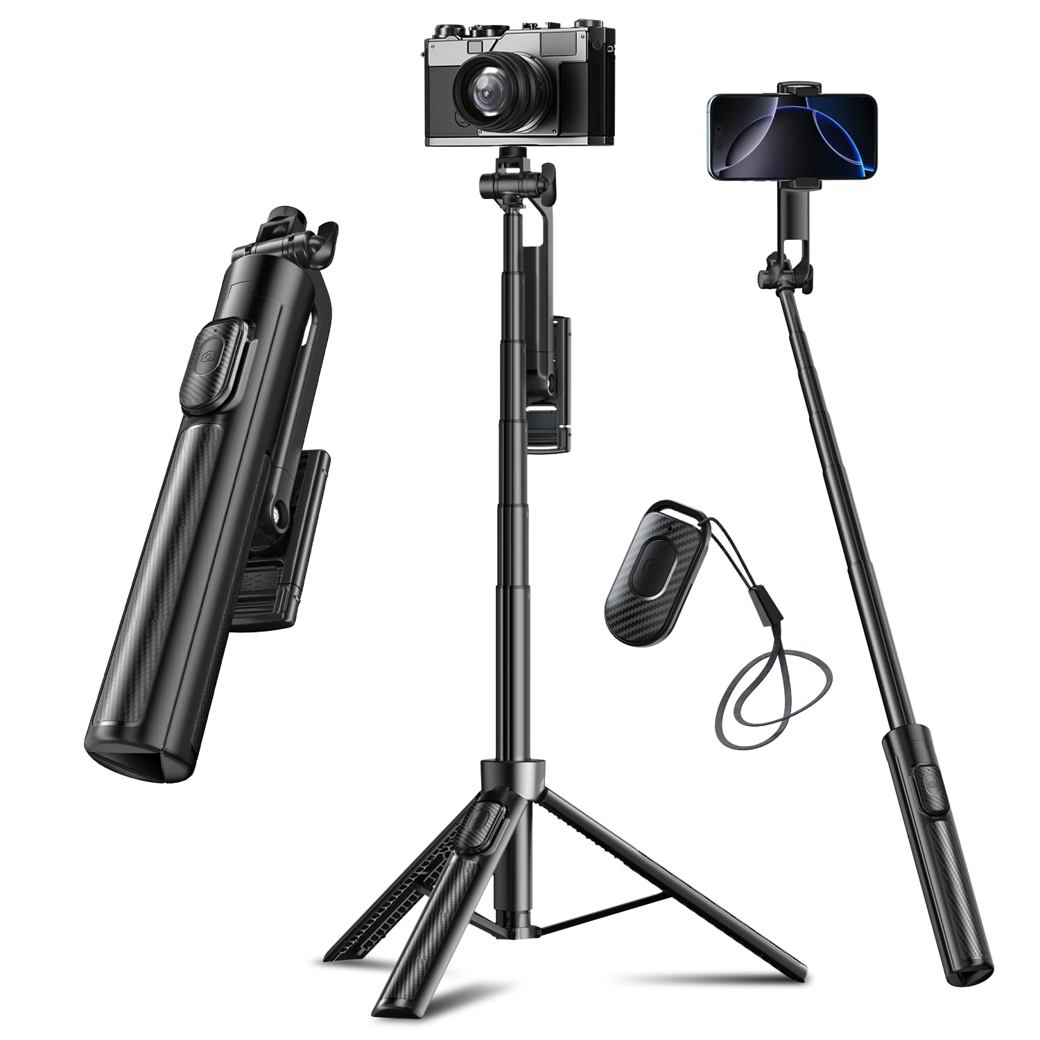 Celfiexpt Portable Selfie Stick Tripod 50" Extended Bluetooth Tripod Stand Reinforced Multi-Angle Flexiable 360° Mobile Holder Selfie Stick Compact Size for Vlogging Mobile Phone Gopro Travel, Black-image-5