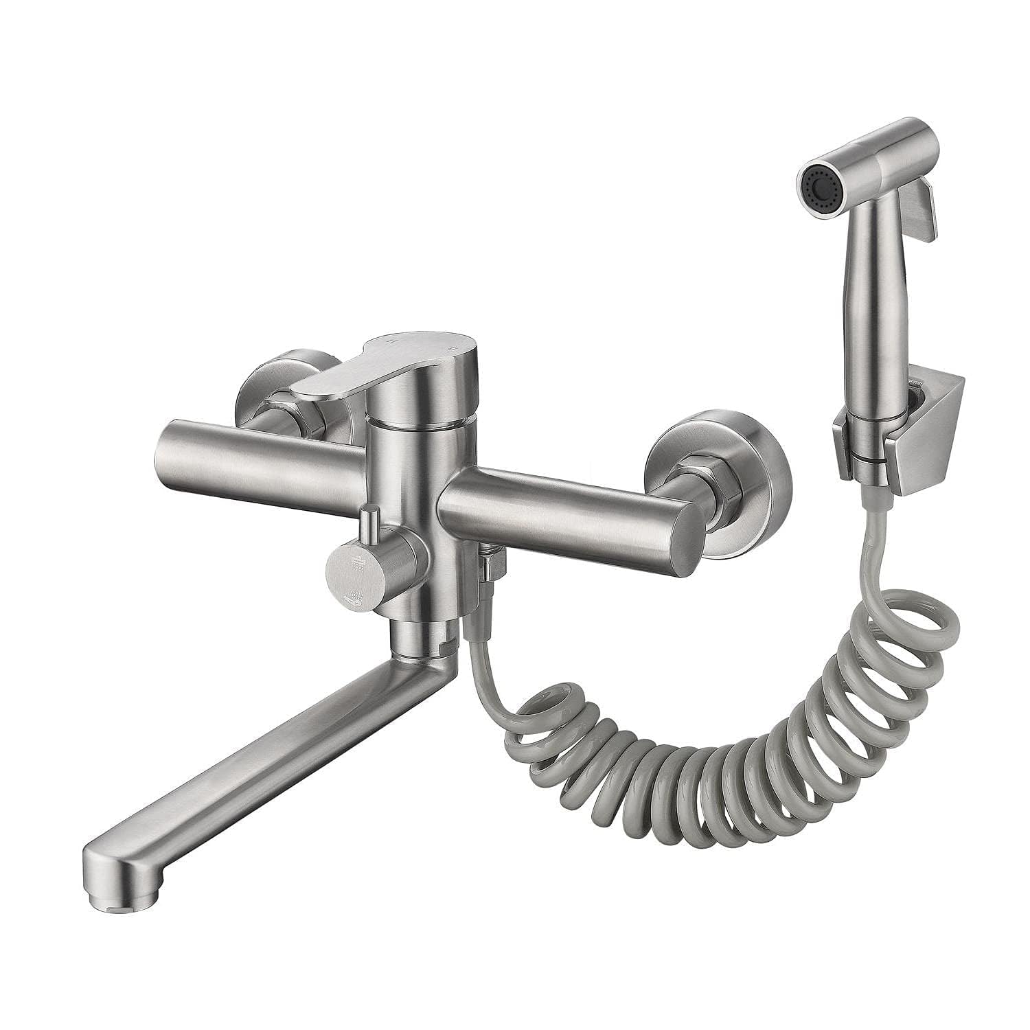 Photo 1 of ZHYICH Wall Mount Kitchen Sink Faucet with Side Sprayer, Commercial Faucet, Nickel Brushed Unility Sink Faucet, Mixer Tap, 7.7-8.3 Inches Center, Spout Reach 9.2"