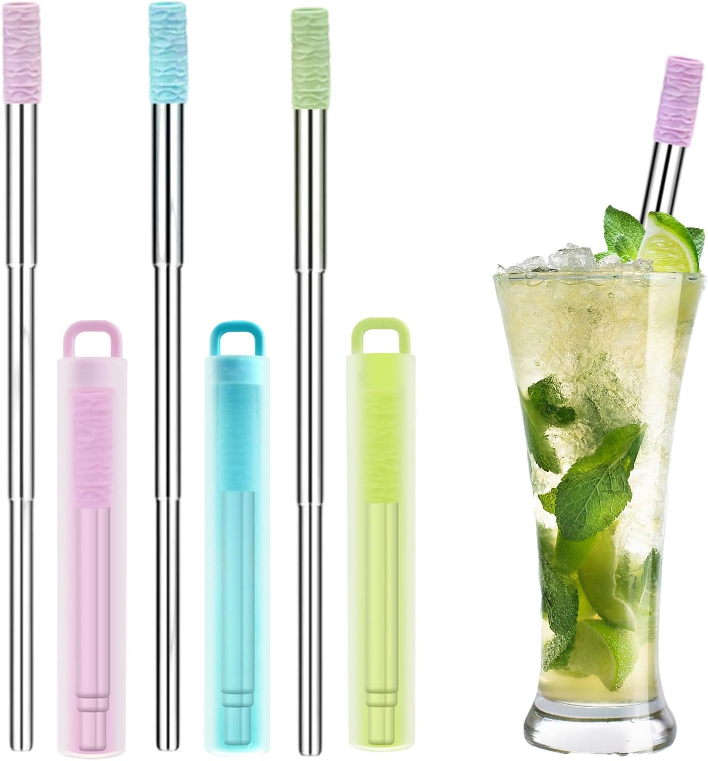 Metal Straws, 3 Pack Reusable Straws with Cleaning Brush and Keychain Case, Foldable Straws for Travel, Collapsible Metal Straw in Three Colours, Extended Length 21.5 cm