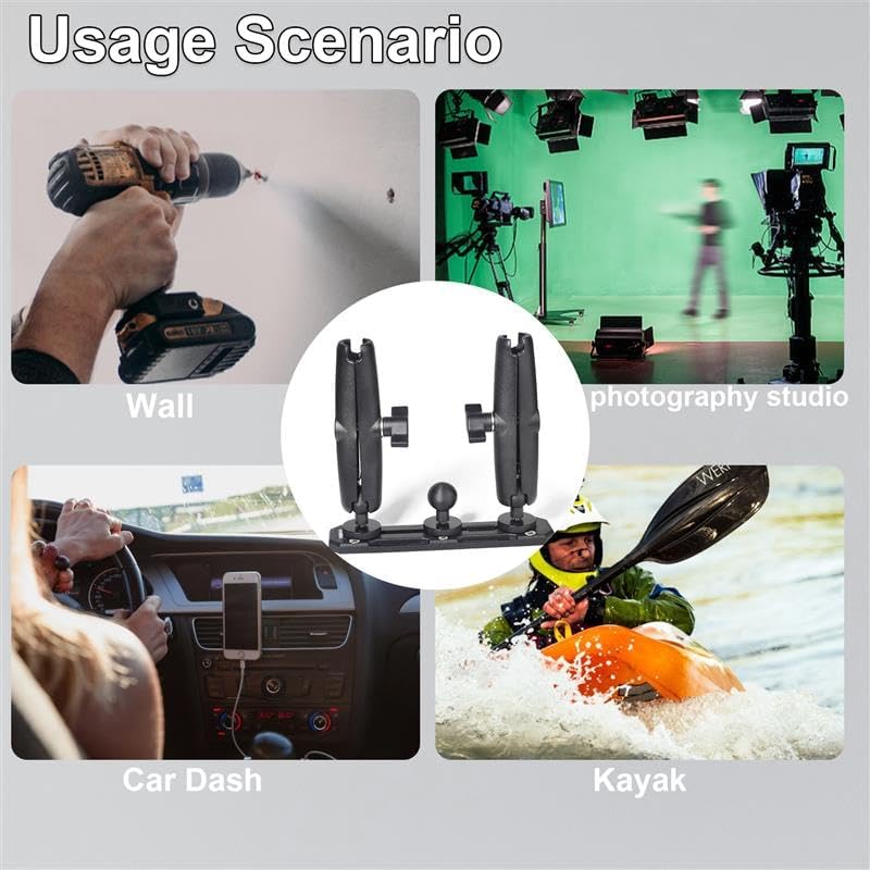 Universal 25mm (1inch) Ball Mount Base with Two Double Socket Arms and Screws Compatible with RAM Mounts B Size 1" Ball Components Fits Industry All Standard 1" Ball Adapters