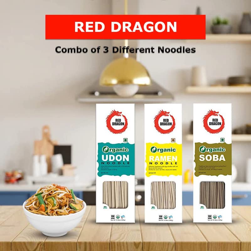 Red Dragon Chinese And Japanese Noodles, Tasty Cuisine Certified Organic Mix Combo Of 3 Packets (Udon + Ramen + Soba Fresh), Ready To Cook Noodles,900 Grams 4