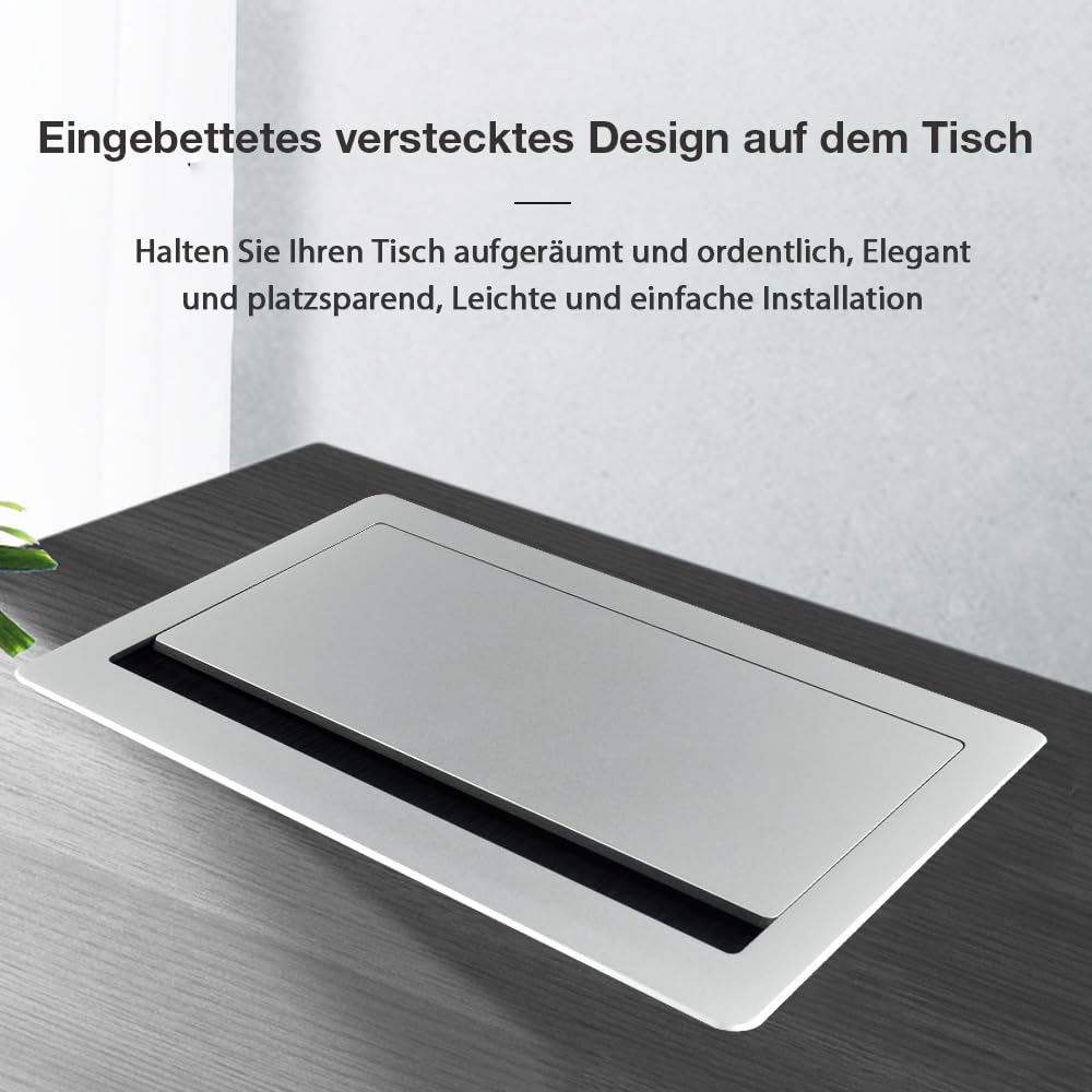 Gniazdko stołowe, aluminiowa listwa zasilająca, 2 x gniazdo Schuko, 1 x ładowarka USB-A+C (PD 65 W), 1 x kabel CAT6, 1 x HDMI, 1 x USB-C, 1 x kabel zasilający 1,7 m, 4 x uchwyt kablowy, gniazdo