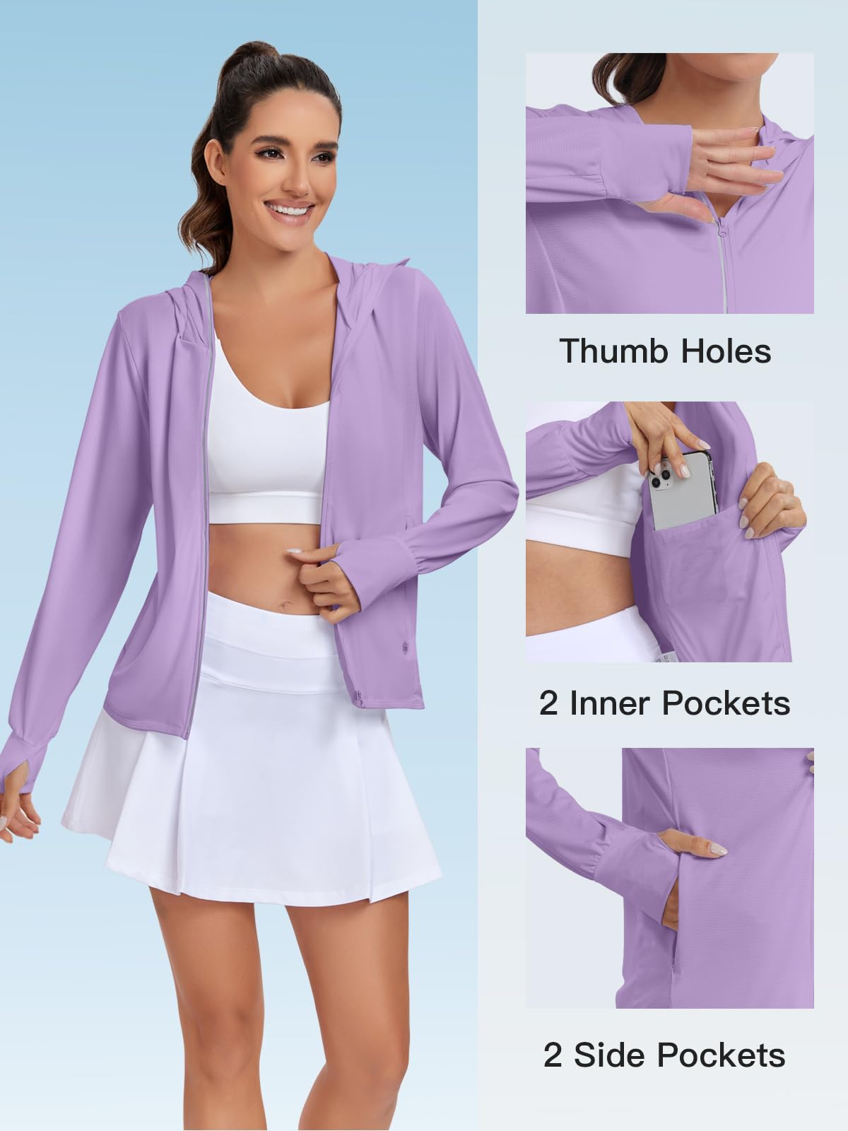 VUTRU Sweat à capuche UPF 50+ protection solaire pour femme - Léger manches longues avec poche