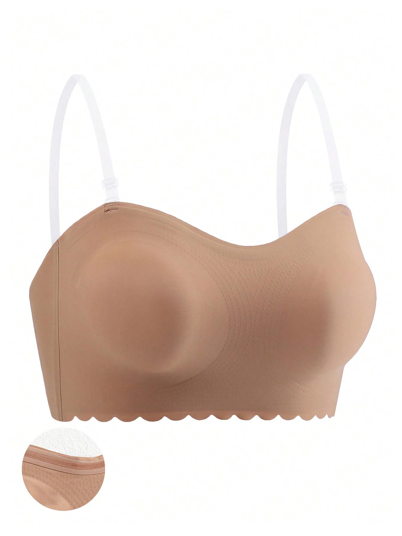 OYOANGLE Women's Scallop Trim Strapless Bandeau Bra Non Slip Padded Wireless Bralettes with Clear Straps