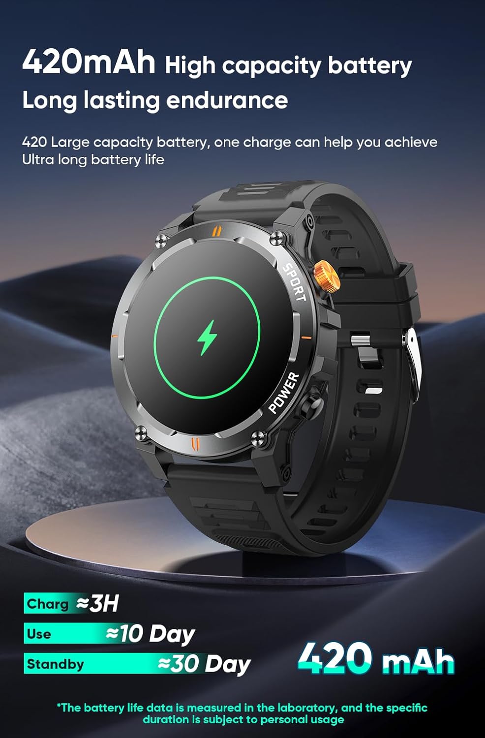 Men's smartwatch, LED flashlight/compass/30 Day battery/IP68 Waterproof 1.52 inch, 100+Sports Mode Fitness Tracker, Sturdy smartwatch for Android and iOS, All Black Silicone Strap