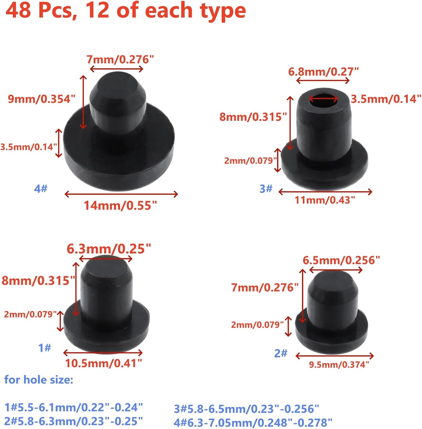 48 Pcs Silicone Stopper, 4 Sizes Round Holes Plug, T Shaped Soft Solid Flexible Plant Pot Drain Hole Plugs Cover (6.3/6.5/6.8/7 mm)