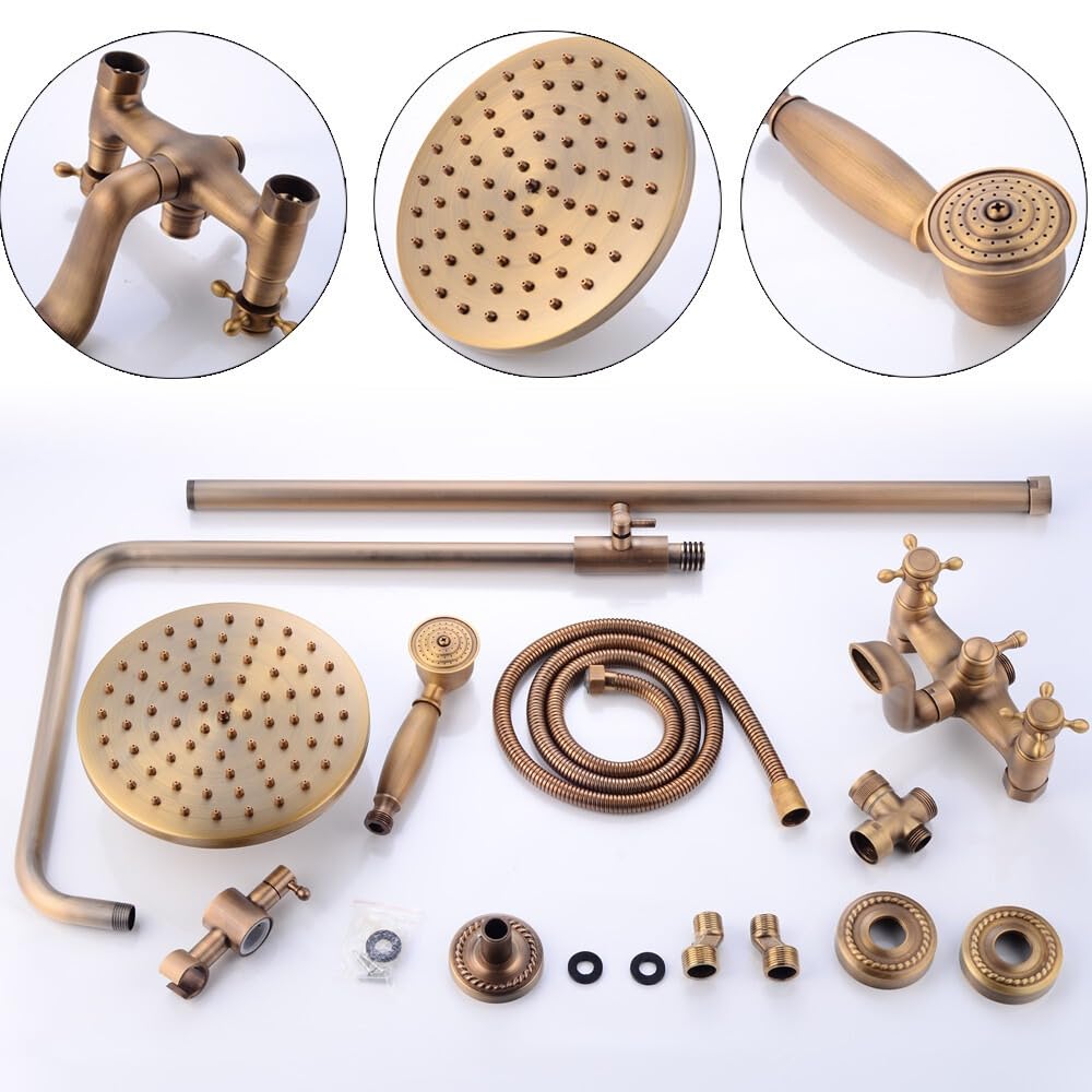 Colonna doccia bronzo con doccia a pioggia e doccetta a mano, set doccia vintage per bagno, set doccia in rame regolabile in altezza, rubinetto da bagno retrò con attacco da 150 mm
