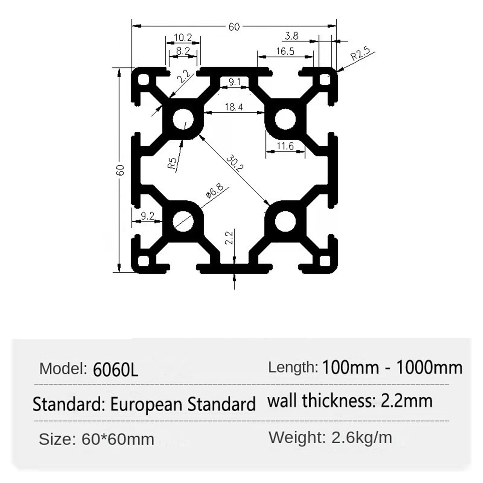 GTPBAO Profilo estruso in alluminio 6060 con scanalatura a T doppia, telaio in tubo quadrato anodizzato da 60x60 mm for macchine for incisione e portafiori Binario estruso(Nero,600mm long)