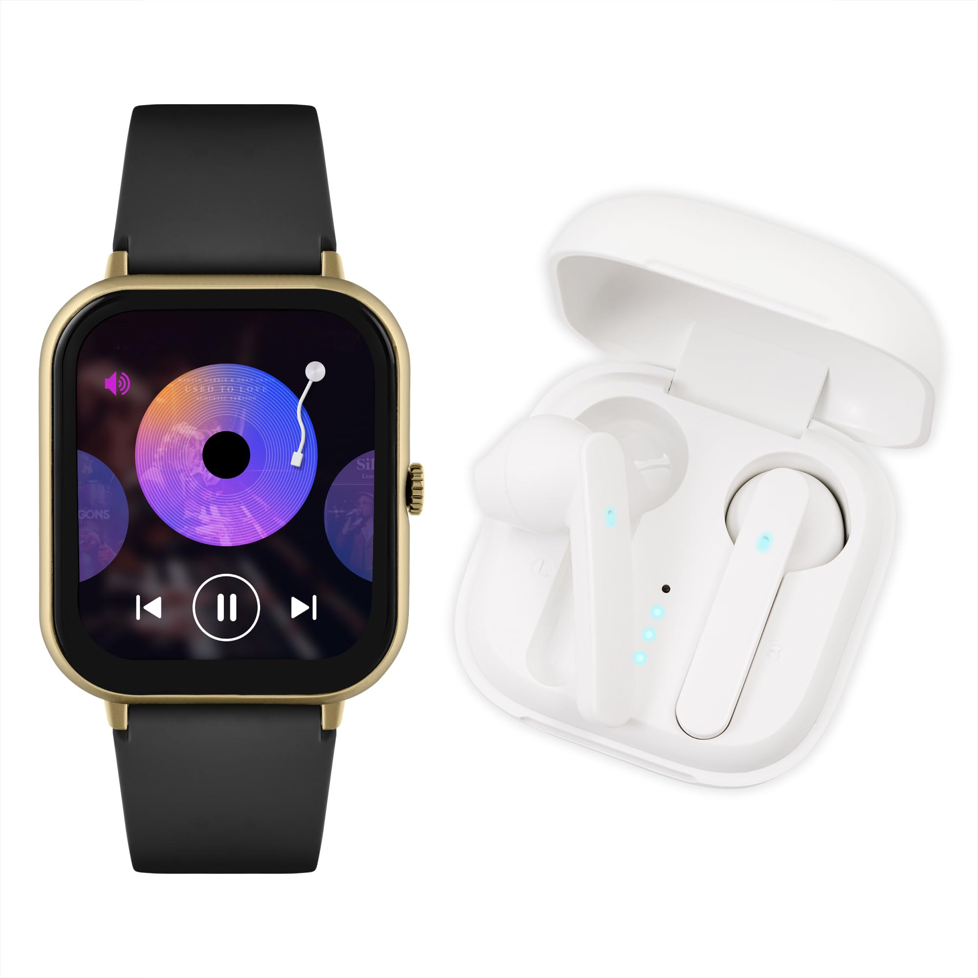 Reflex Active Series 23 Gold Plated Black Strap Smart Watch and True Wireless Sound Earbud Set, Pale Gold, 38mm x 38mm x 11mm - Image 2