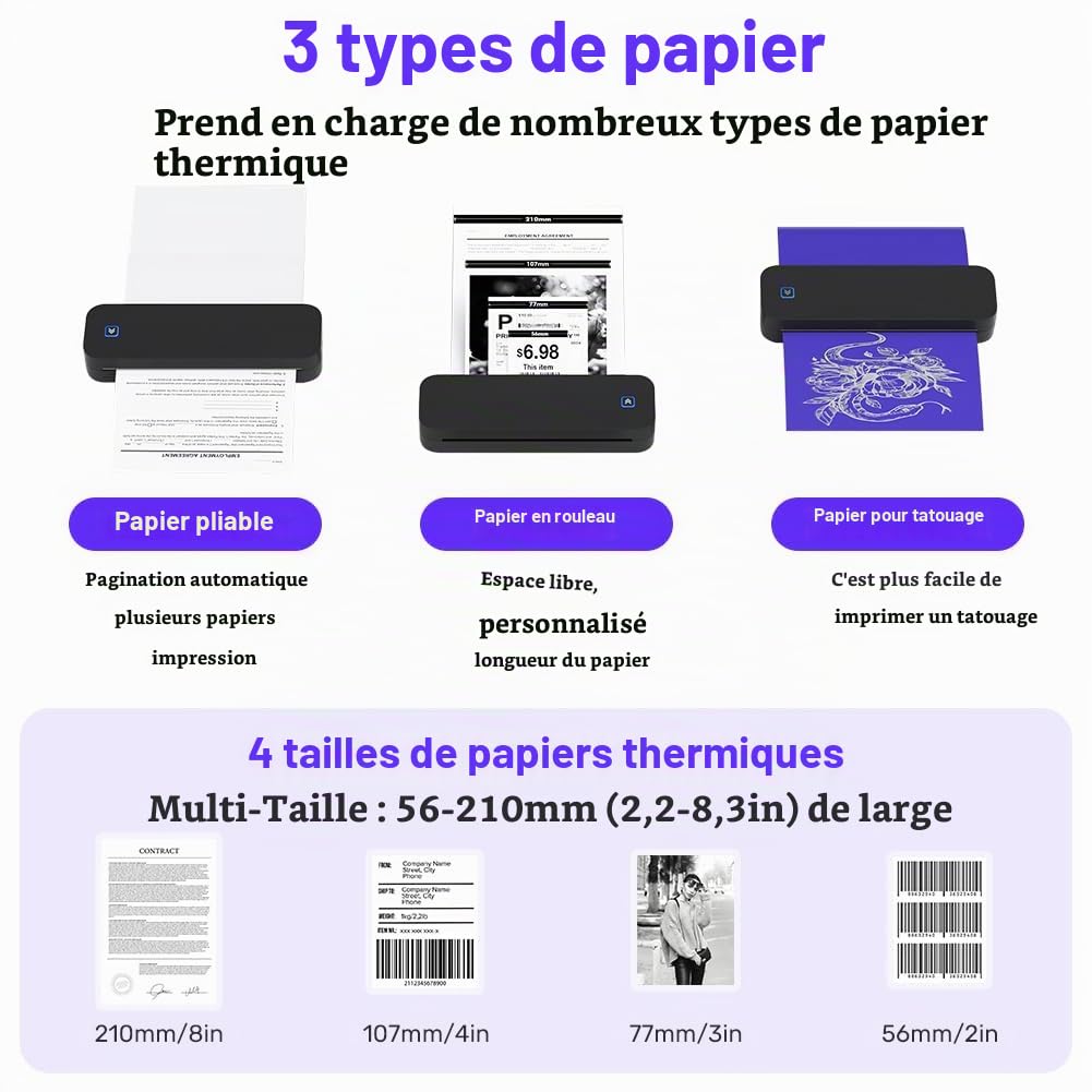OFFCUP Imprimante Thermique A4, Imprimante Portable, Imprimante Tatouage, Imprimante sans Encre Bluetooth Compatible Android et iOS pour Bureau, Voyage, étude, Maison-Noir