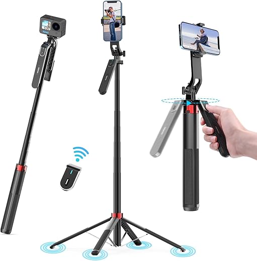 Ulanzi Selfie Stick Quad Tripod with Remote Control, 360 ° Rotation Aluminium Extendable Tripod for Mobile Phone, Compatible, iPhone, Samsung, Xiaomi