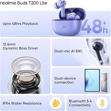 سماعات أذن بلوتوث T200 Lite من realme Buds، 4 ميكروفون، AI ENC للمكالمات، تشغيل كامل لمدة 48 ساعة مع شحن سريع وزمن انتقال منخفض للألعاب TWS، Google Fast Pair، مع ميكروفون - (أرجواني)