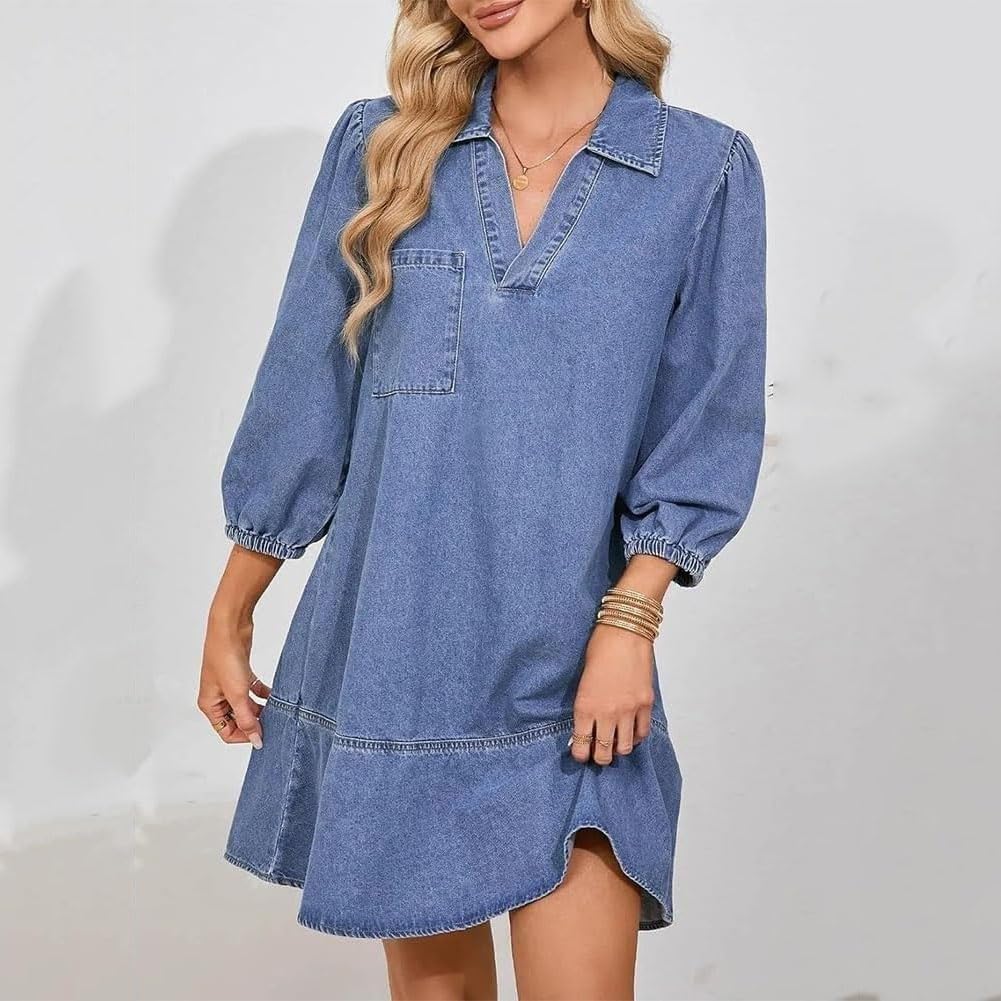 Vestido Vaquero con Capas, Cuello en V y Mangas abullonadas para Mujer, Vestidos Vaqueros con Volantes y Mangas 3/4, Vestido Vaquero Camisero Holgado de Verano con Bolsillos. (Denim Blue,L)