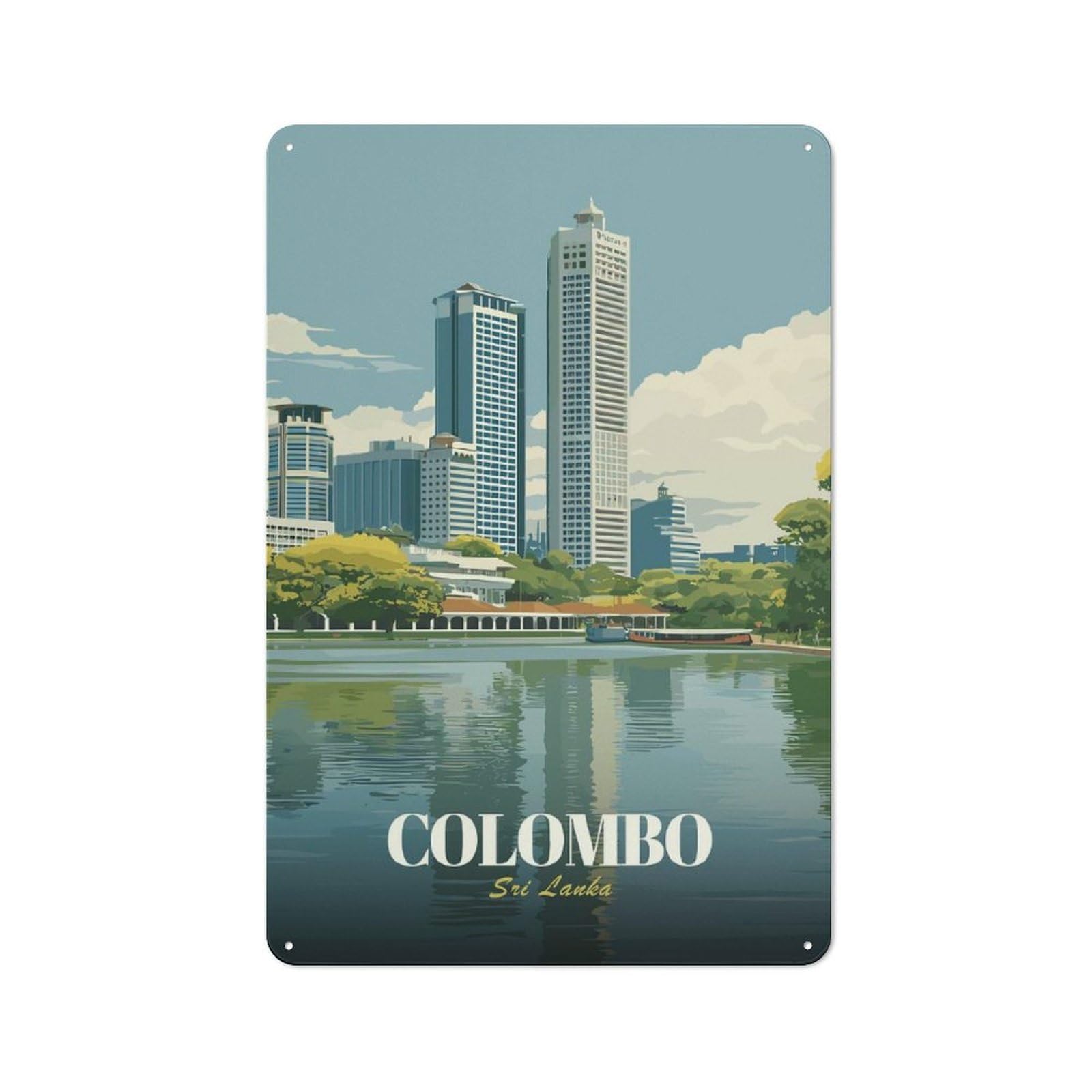Junmoney Style-14 Metal Plaque 30X20cm With Colombo, Sri Lanka Cityscape Illustration For Pub Or Café, Vintage Decor, For Metal Sign Collectors, For Vintage Wall Decor Fans