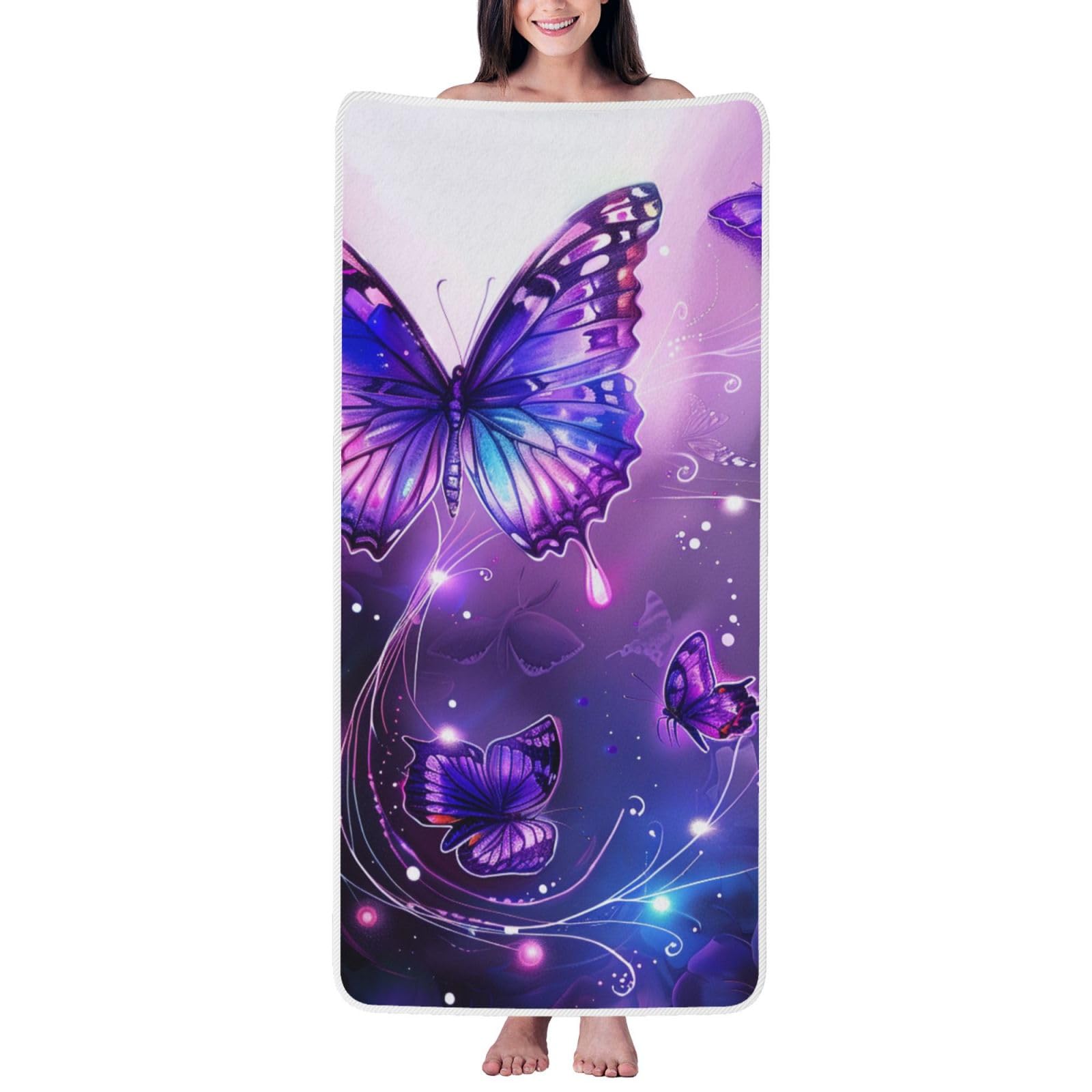 WPKJU Butterflies Printed Bath Towel with White Edging - 27x55 in Soft Extra Absorbent Coral Velvet Shower Towels for Bathroom