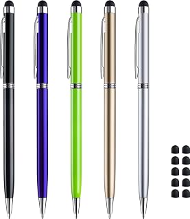 ChaoQ Stylus Pens for Touch Screens (5 Pcs), 2 in 1 Slim Capacitive Stylus Ballpoint Pens (Black Ink), with 10 Replaceable Rubber Tips (Black,Silver,Blue,Gold,Green)