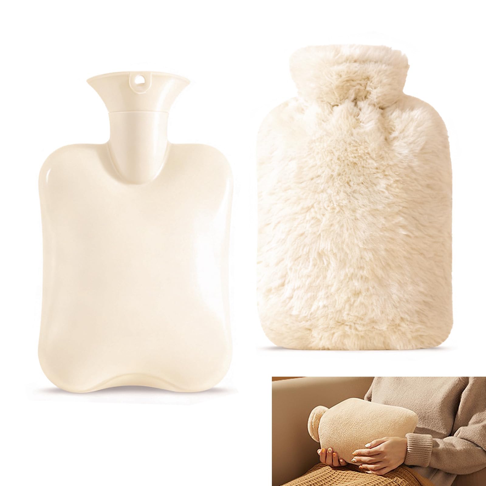 2L Bolsa de Agua Caliente, Botella de Agua Caliente de Goma Natural con Suave Funda de Felpa, Bolsa Agua Caliente para Alivio, Calidez y Comodidad en Invierno