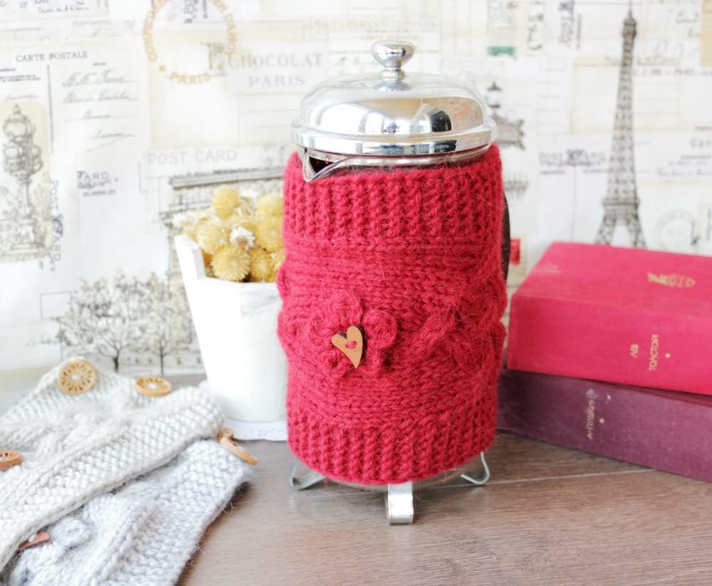 Knit French Press Cozy Red Wool Handknit Flower Cover Tea Pot