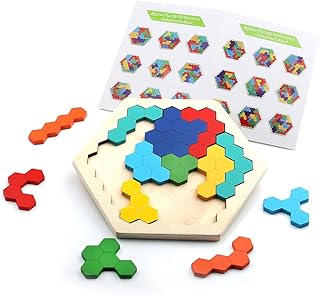 Wooden Brain Teaser Toy for Kids Adults Tangram Jigsaw Intelligence Colorful Hexagon Geometry Logic IQ Game STEM Montessor...