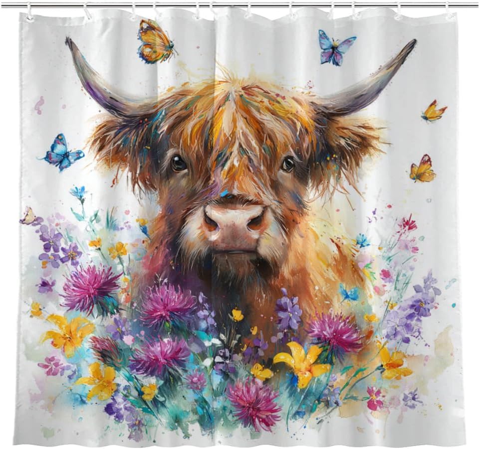 Spring Cute Highland Cow Shower Curtain Set 72x72 Inch with 12 Hooks, Flower Butterflies Bathroom Decor, Pet Puppy Printed Pattern Bath Accessories