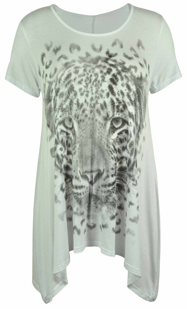 MALAIKA® H&F GIRL Women Ladies Tiger Print Sparkle Plain Stretchy Asymmetric Cap Sleeve Scoop Round Neck Hanky Hem Flared Swing Shirt Top Plus Size 12 14 16 18 20 22 24 26 28 30 XL XXL XXXL XXXXL