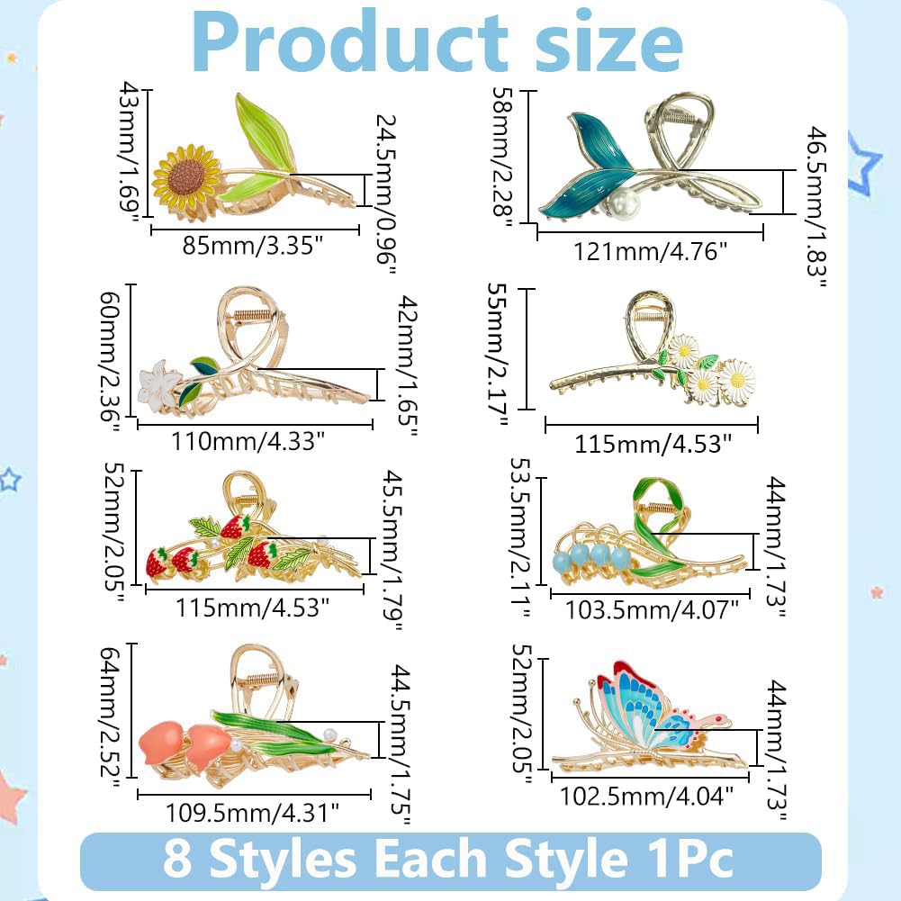 WADORN 8 pièce Ensemble de Pinces à Cheveux en Métal de Fleur, Grande Épingle à Cheveux Tendance Antidérapante avec Fixation Solide Motif Tulipe Papillon Lys Orchidées Pinces pour Cheveux Mi Épais