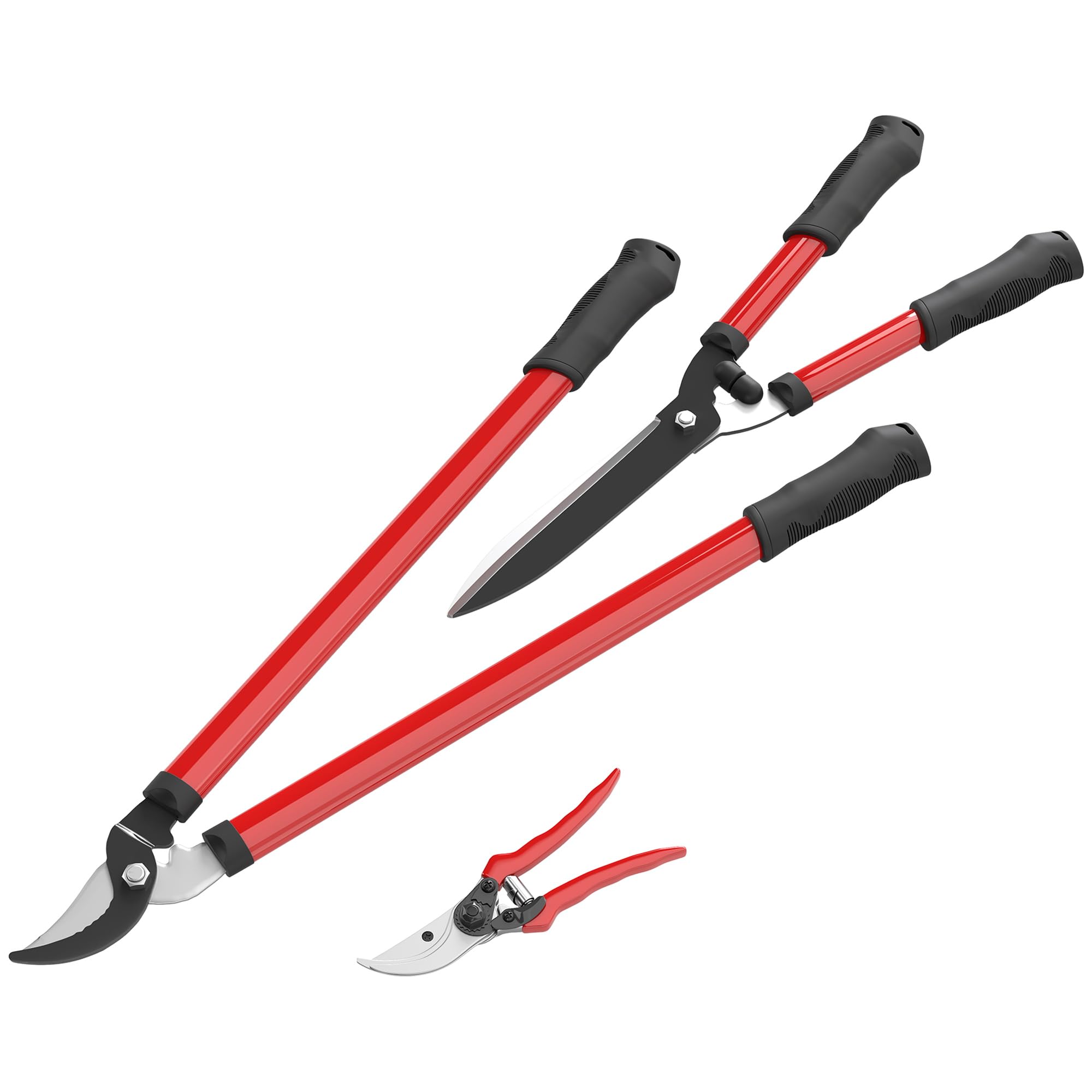Outsunny Lot de 3 cisailles de jardin, ensemble de coupe pour jardinage, coupe-branches de 65 cm, taille-haie de 51,5 cm, sécateur de 20 cm, avec poignée souple, rouge