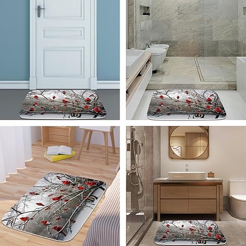 Miniatura 5 de Divertidos tapetes de baño de terciopelo coral con diseño de pájaros cardenales en rama, tapete de ducha antideslizante para decoración de baño,