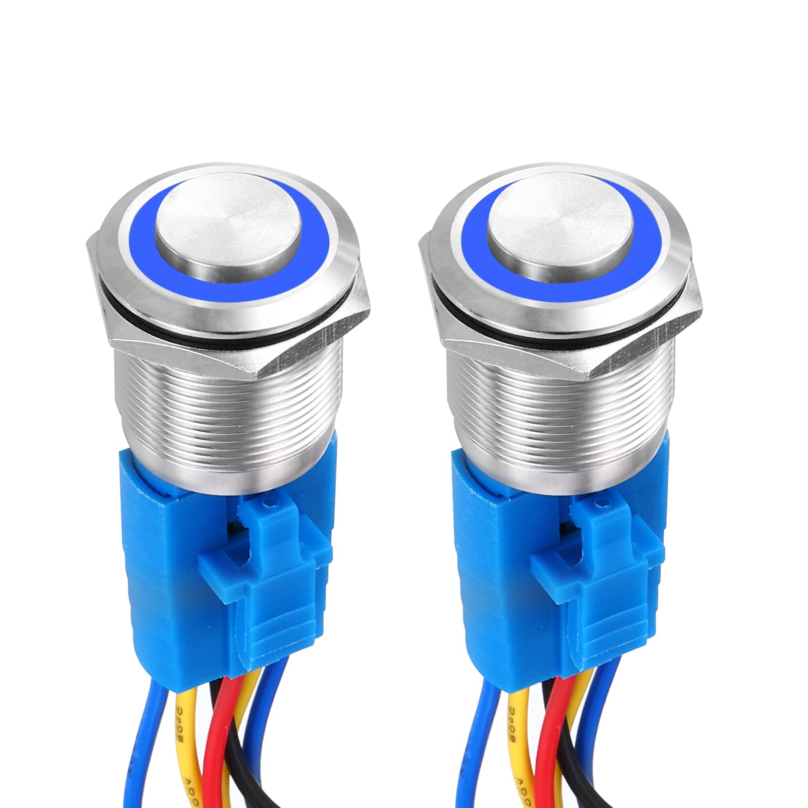 DMiotech 2 Pack 7/8 Inch Stainless Steel Latching Push Button Switch Domed Head 5A 12-24V Silver Shell 6 Pin with Cable Socket Blue Ring LED 1NO1NC for Car Boat Systems Custom Setups