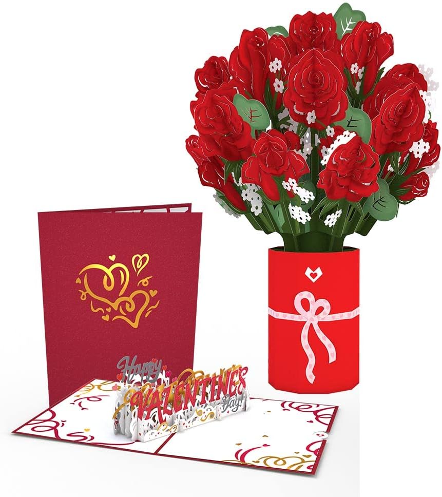 Lovepop Red Rose Valentine’s Day Bundle, Happy Valentine's Day Text 5" x 7" - Greeting Card & 1 Paper Flower Bouquet 10 X 7.5 Inches, Valentine's Day Card, Oversized Anniversary Card, Gifts for Her