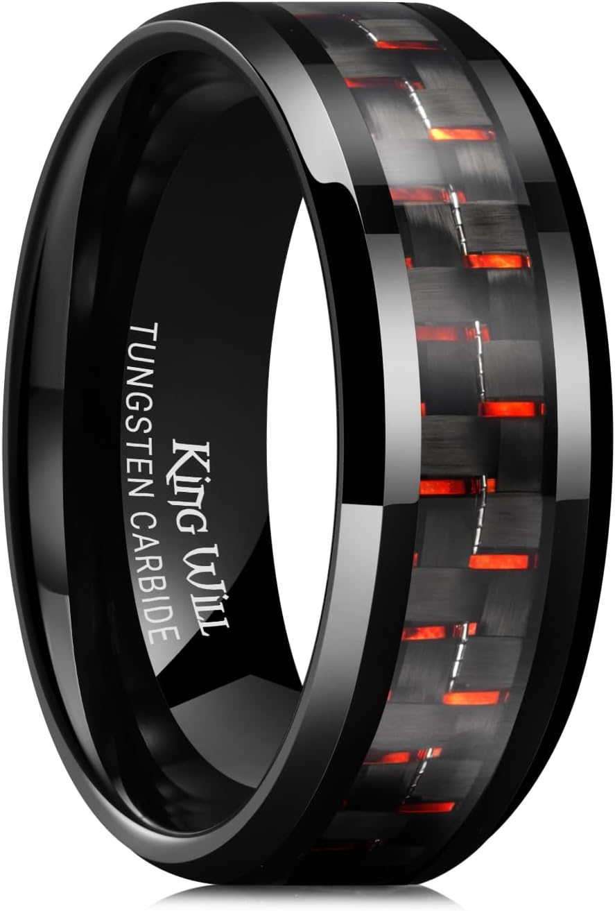 GENTLEMAN Men's Black Tungsten Carbide 8mm Carbon Fiber Inlay Comfort Fit Wedding Band Ring