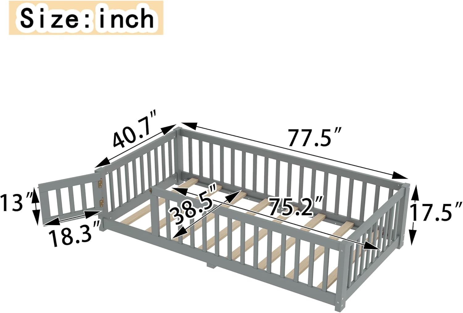 Twin Size Floor Bed for Kids Wood Montessori Floor Beds with Fence Railings & Support Slats for Kids Floor Bed Twin with Door for Boys Girls, No Box Spring Needed and Childlike Fun Design, Gray