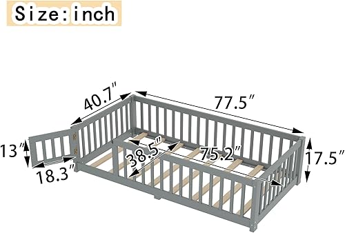 Miniatura 2 de Harper & Bright Designs Base de cama individual con valla alta de seguridad, cama Montessori de madera con puerta, camas de piso de tamaño