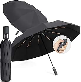 Guarda Chuva com Botão Automático Reforçado – Compacto, Resistente ao Vento, Proteção Solar UV, Blackout, Dobrável - Guarda Chuva Portátil para Bolsa/Mochila