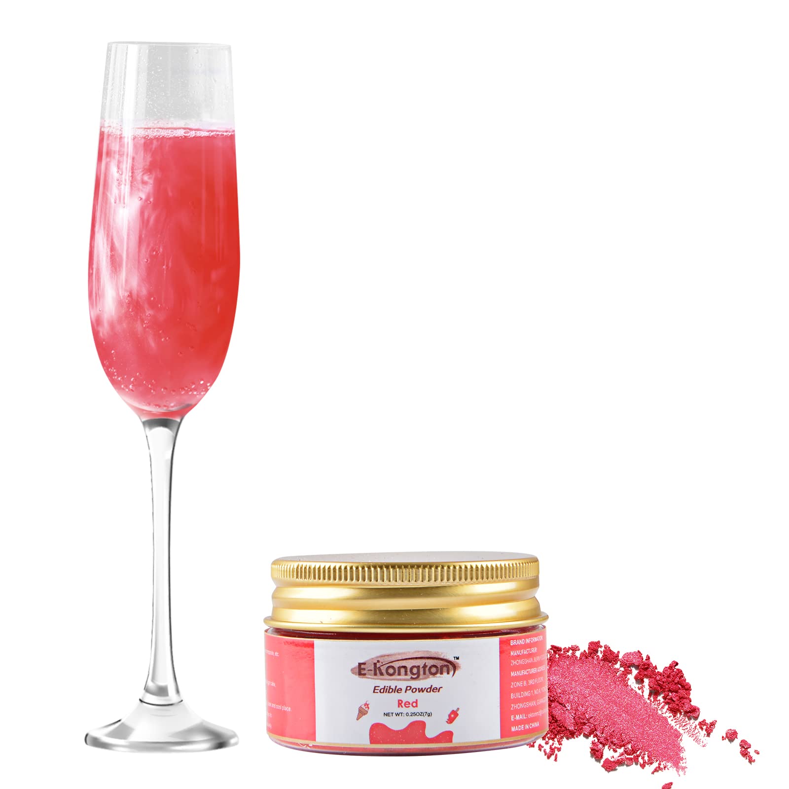 E-Kongton Poussière brillante comestible rouge : 7 g de paillettes comestibles pour boissons, fondants, poussière de qualité alimentaire, poudre métallique comestible sans gluten et végétalienne