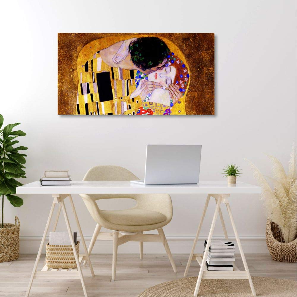 Quadri L&C ITALIA Quadro Il Bacio di Klimt per Camera da Letto e Soggiorno 90x45 Stampa su Tela Canvas Abbraccio Amanti Riproduzione Autori Famosi Capezzale Orizzontale Grande