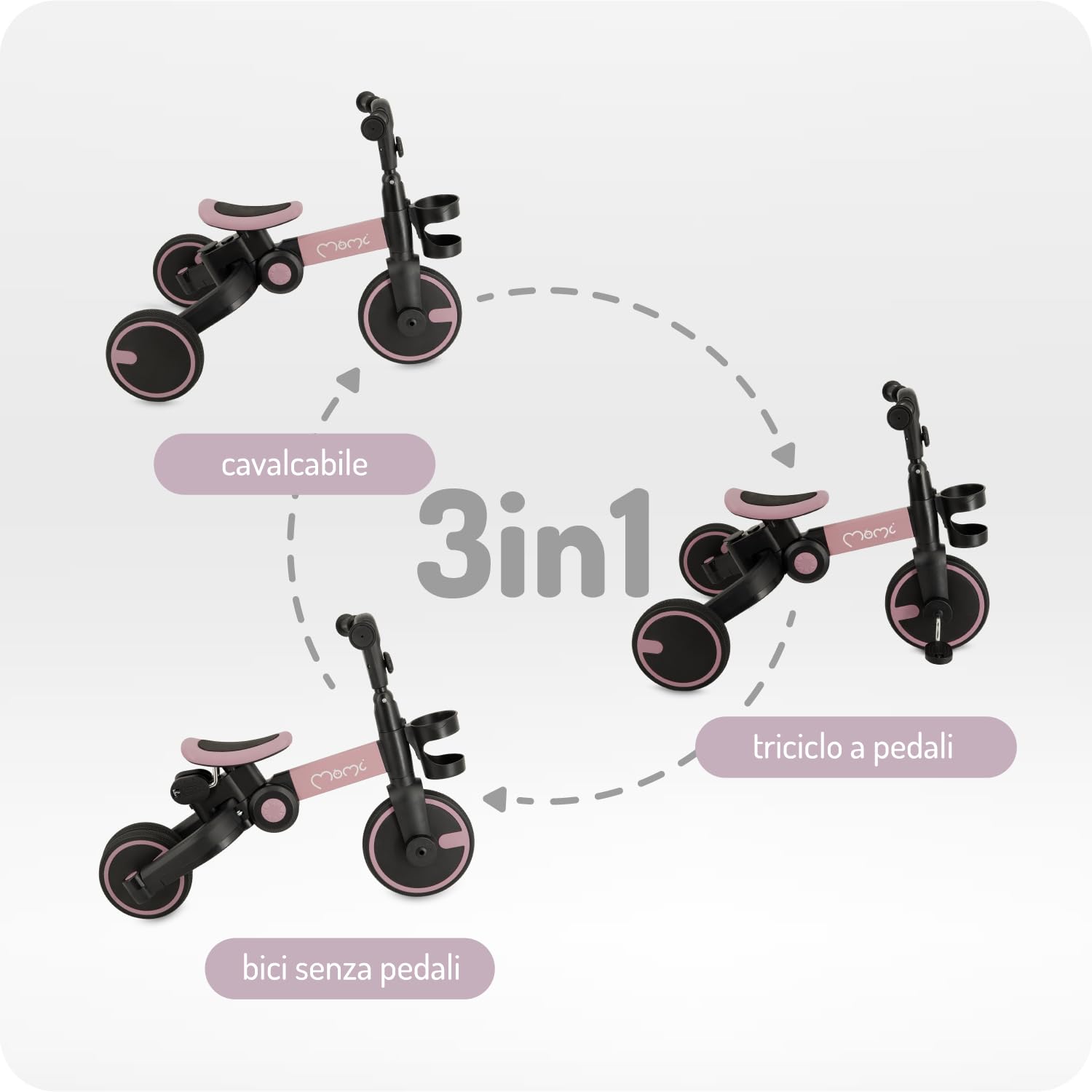 MoMi FILO 3in1 Triciclo Evolutivo per bambini 1-3 anni - Bici Senza Pedali Pieghevole, sella regolabili, pedali rimovibili - Tricicli con portabicchiere e ruote in EVA