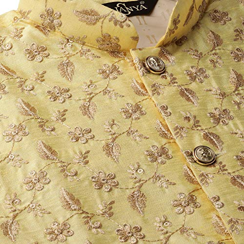 Image of SOJANYA (Since 1958 Men's Cotton Linen Maroon Kurta and White Pyjama with Mustard Cotton Nehru Jacket