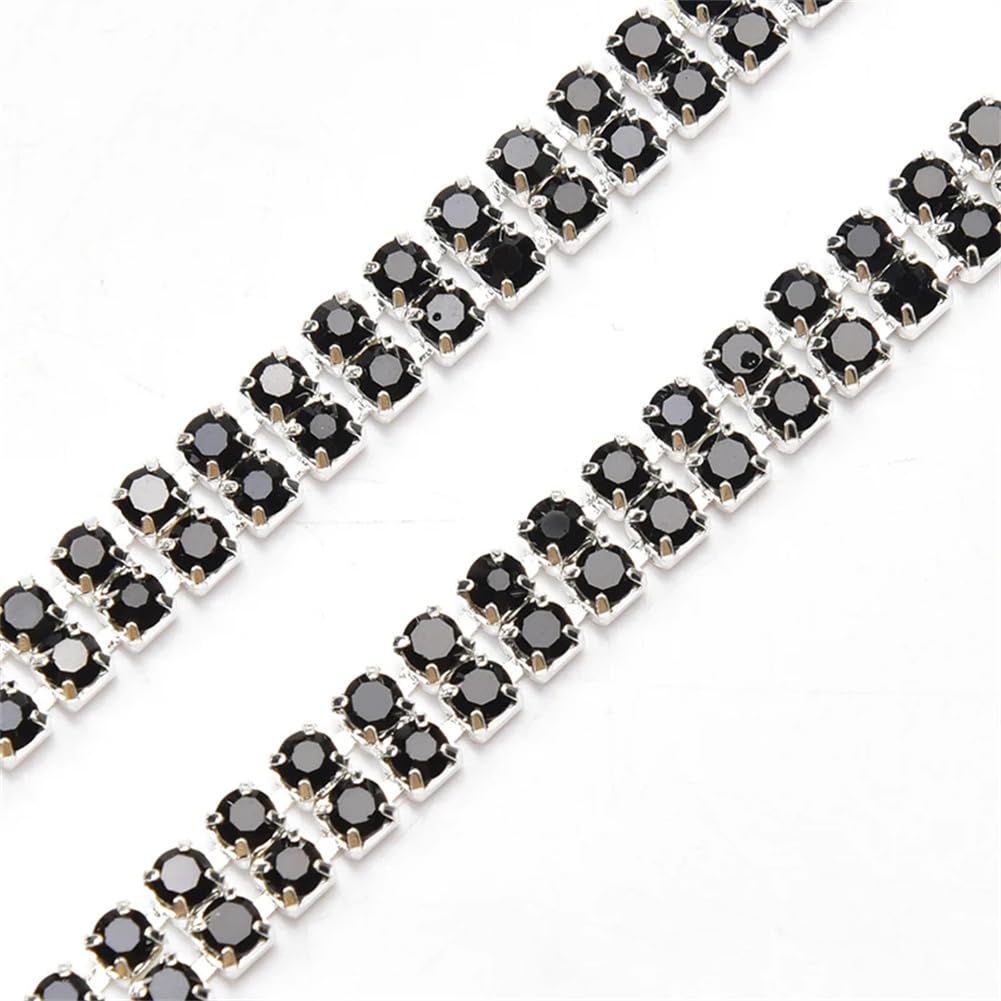Chaîne en cristal strass à coudre 2 rangées base argent dorée pour vêtement bricolage 4,6m