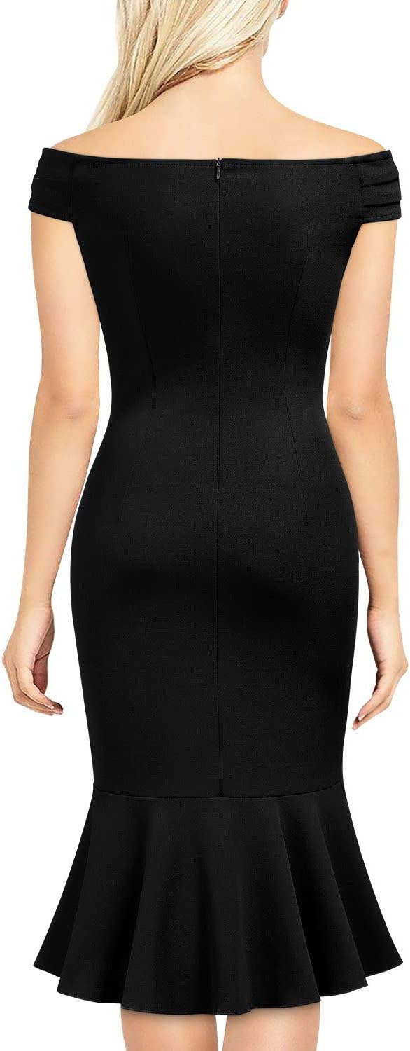 Knitee Women's Off Shoulder V-Neck Ruffle Pleat Waist Bodycon Evening Cocktail Slit Formal Dress - Image 2