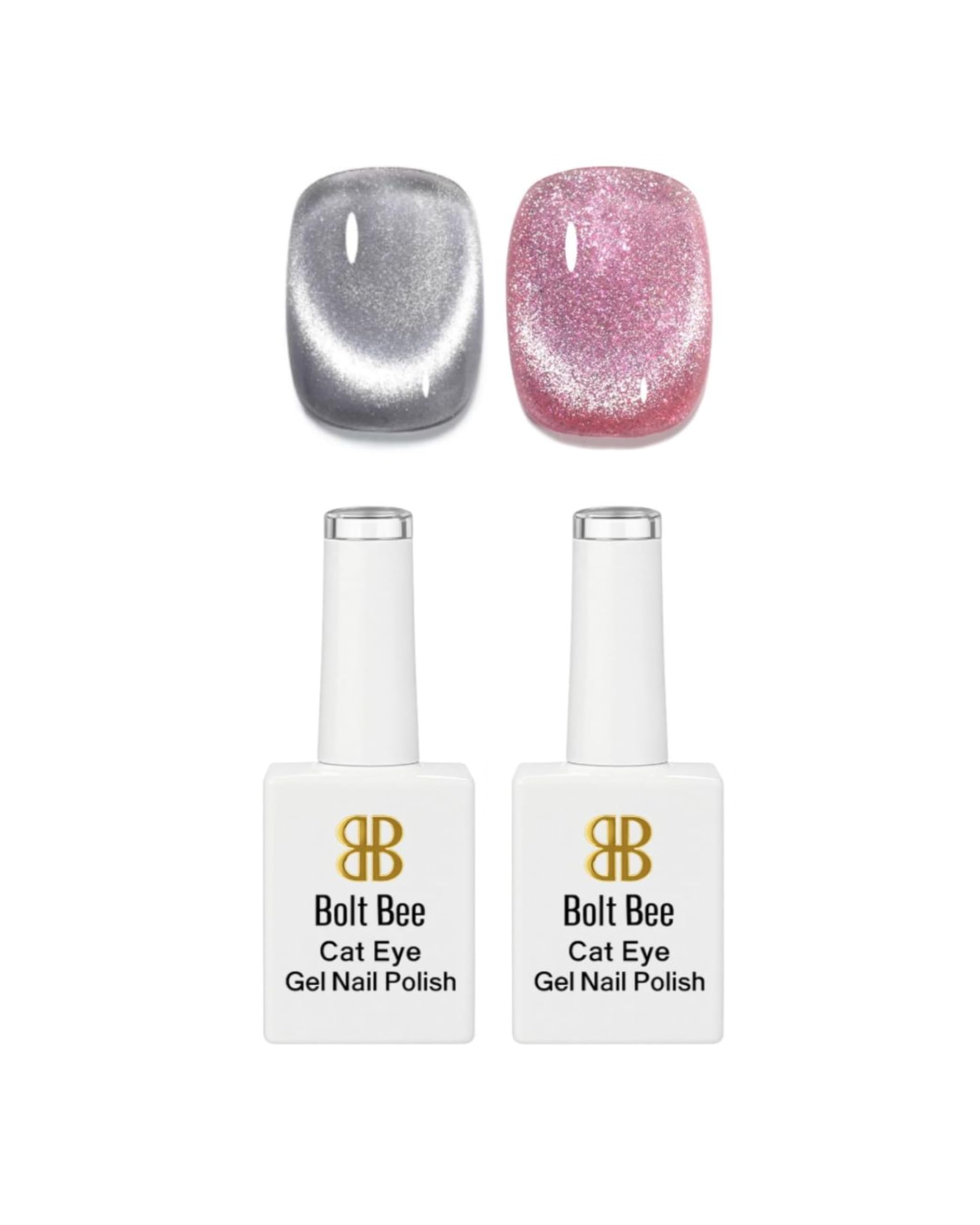 BOLT BEE 2pcs 9ml Cat Eye Gel Nail Polish Magnetic Cat Eye Effect, Soak Off UV & LED Gel, Long-Lasting Glitter Nail Polish for Salon & Home Use (9ml silver & pink)