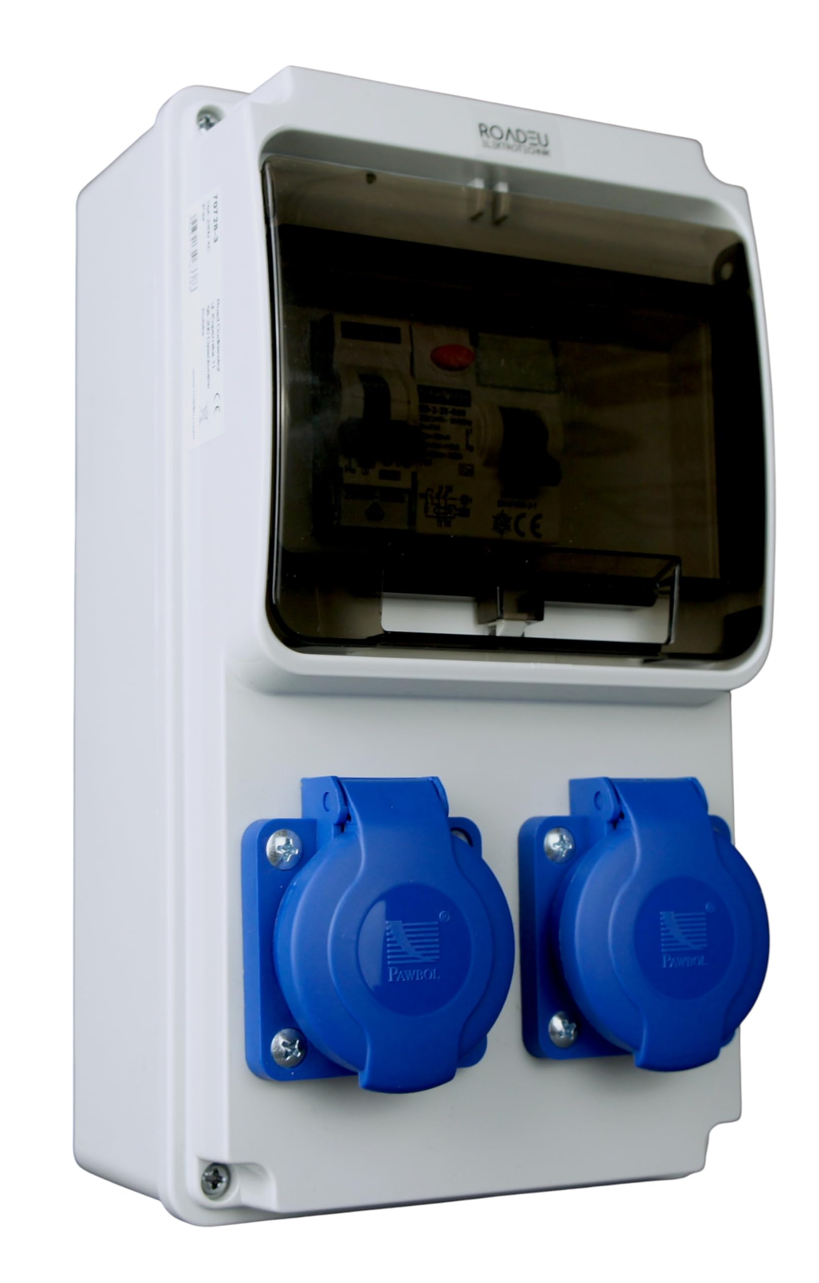 RoadEu - Stromverteiler 230V - 2x Schuko Steckdose - Baustromverteiler mit Fi Schutzschalter und Leistungsschalter C 16A - Verdrahtet, Steckdosenverteiler Indoor/Outdoor-Bereich IP44